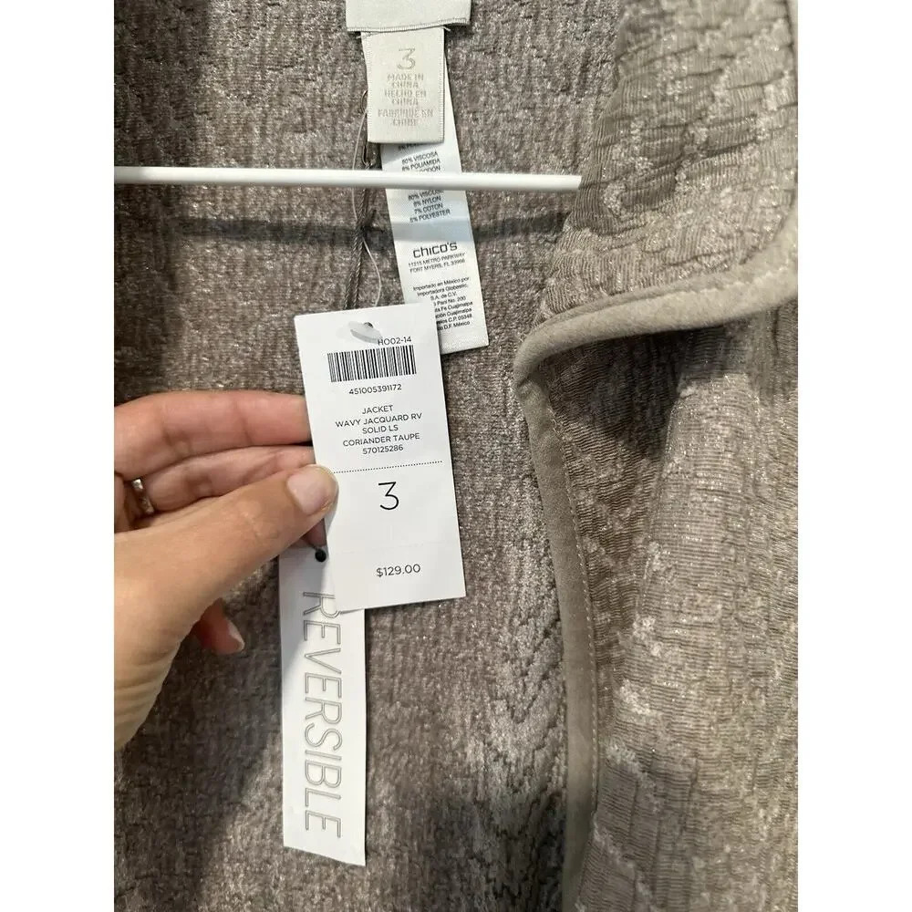 Chico's Duster Open Tan Long Sleeve Reversible with Pockets Textured Size 3 1409 - Picture 7 of 11
